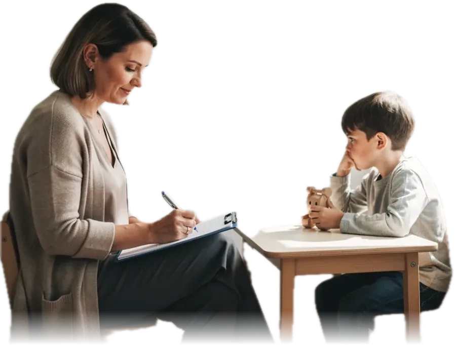 A speech and language therapist writing on a clipboard on her lap while the boy beside her has turned away toward the window, chin in his hand