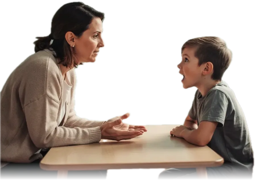 The same therapist leaning toward the boy with both hands open and empty, no clipboard anywhere, the two of them looking at each other while he speaks