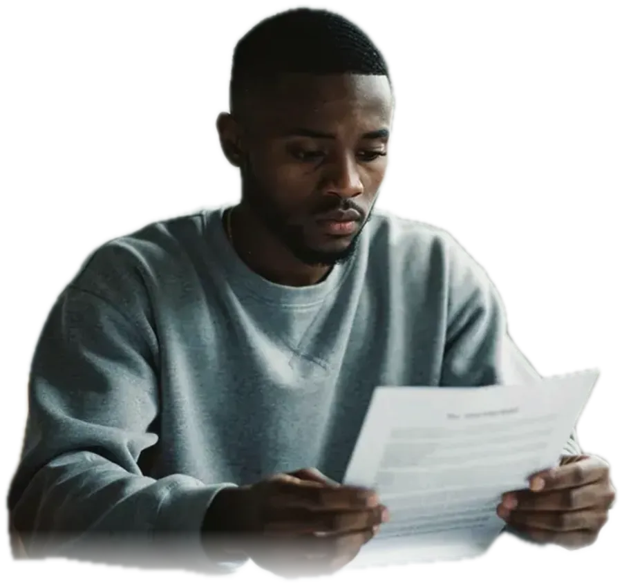 A young man sitting alone at a table at home, holding a printed exercise sheet and looking uncertain