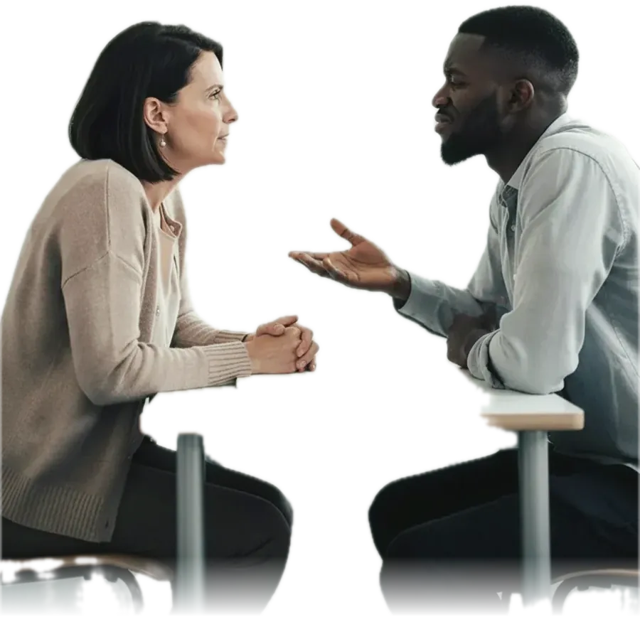 A therapist asking an opening question while the patient answers with an uncertain shrug